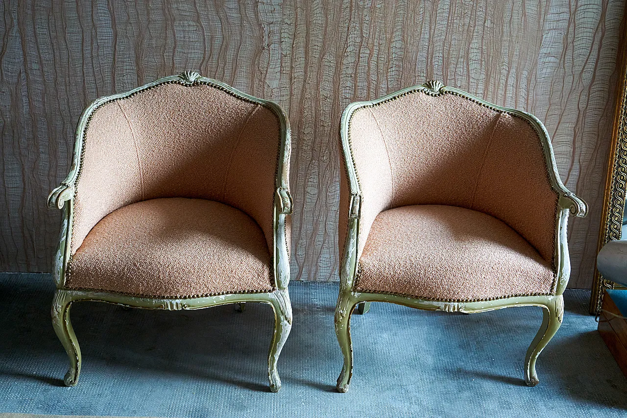 Pair of Louis XV style bedroom armchairs, 50s 1