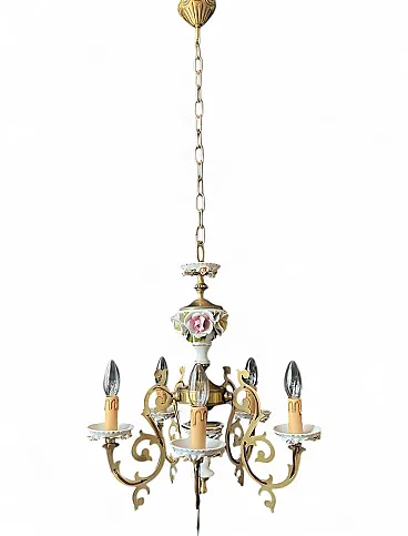 Lampadario in ceramica e ottone, anni '60
