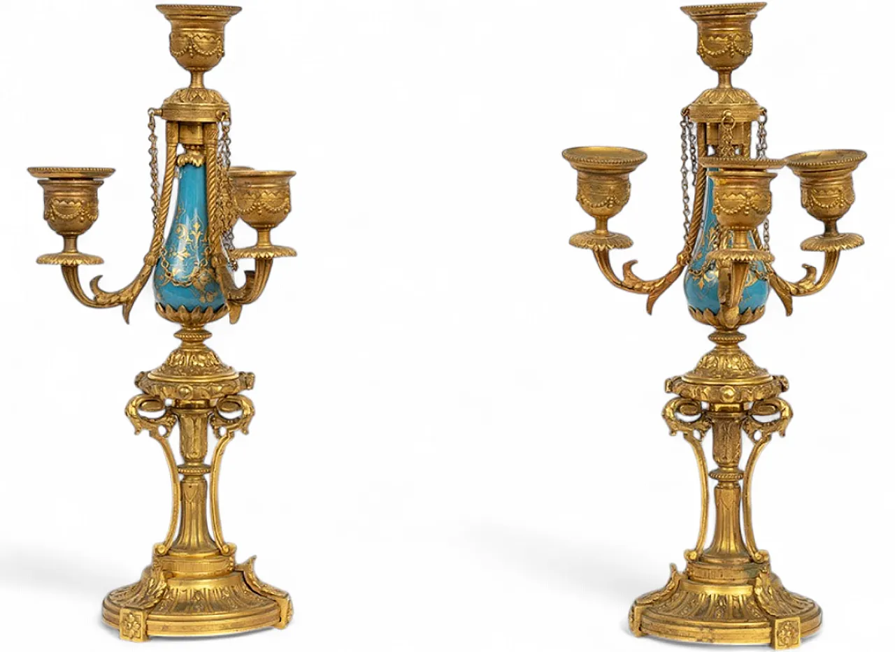 Coppia di candelieri antichi Napoleone III in bronzo dorato, '800 4