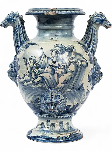 Tin vase in glazed majolica with double handles, Albisola, 18th c.
