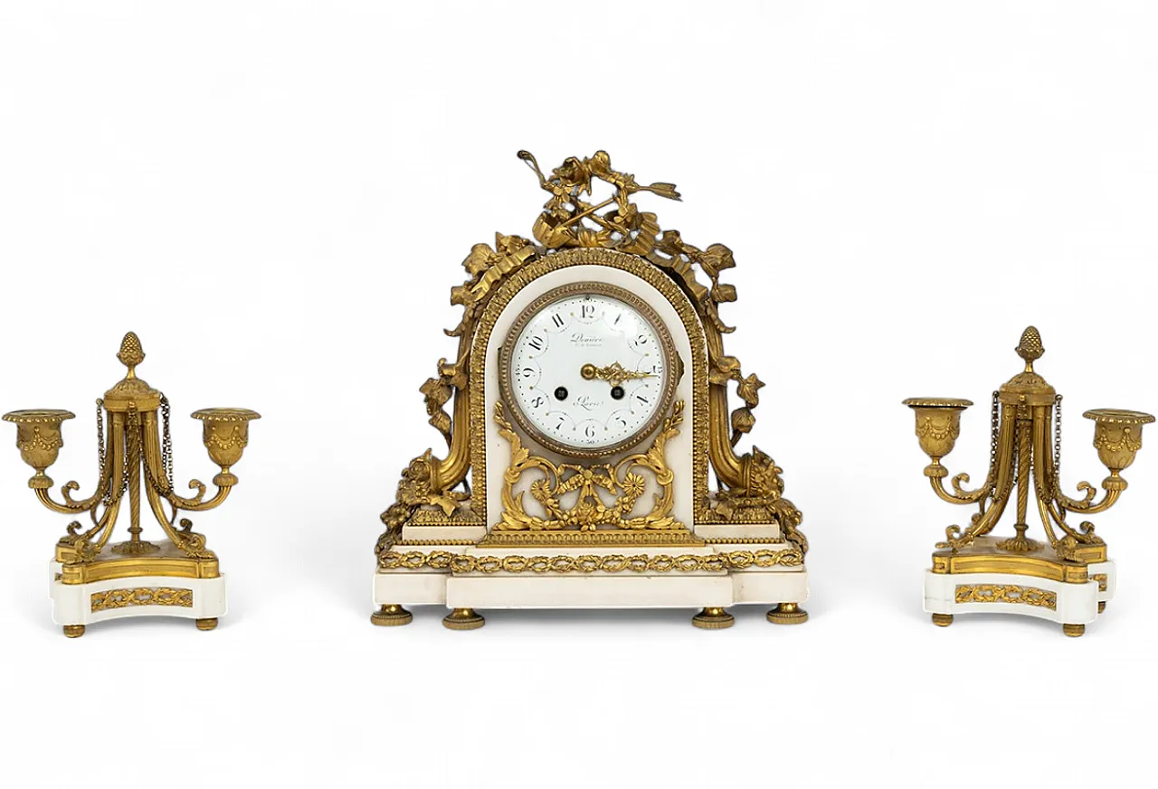 Napoleon III clock triptych in gilt bronze and white marble, 19th c. 7