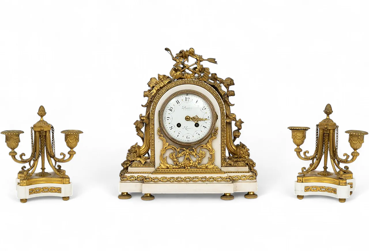 Napoleon III clock triptych in gilt bronze and white marble, 19th c. 8