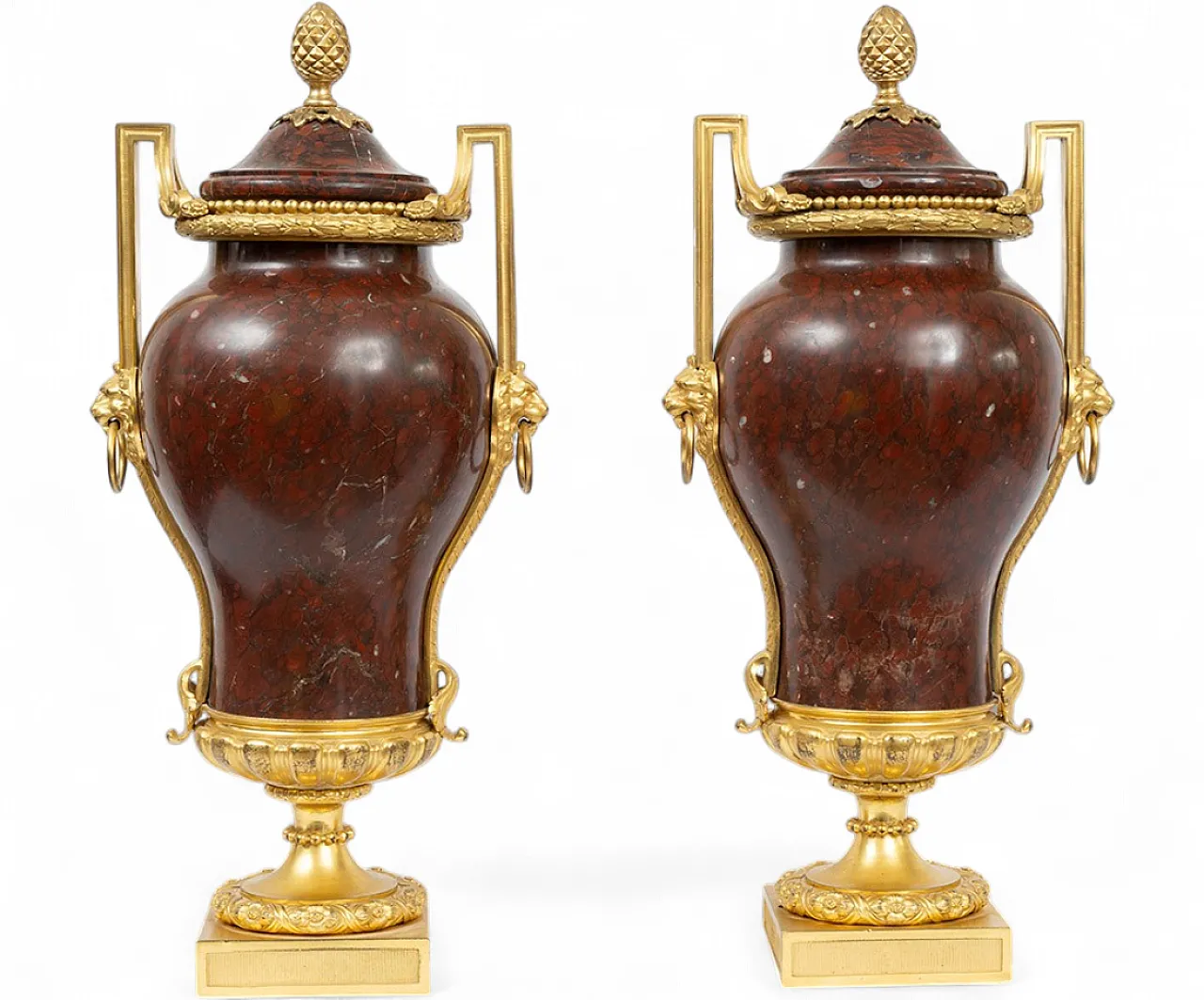 Coppia di vasi Napoleone III in marmo rosso griotte e bronzo, '800 5