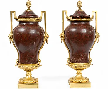 Coppia di vasi Napoleone III in marmo rosso griotte e bronzo, '800