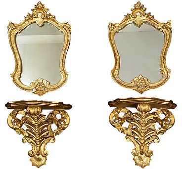 Coppia di mensole con specchiere annesse in legno dorato, '800