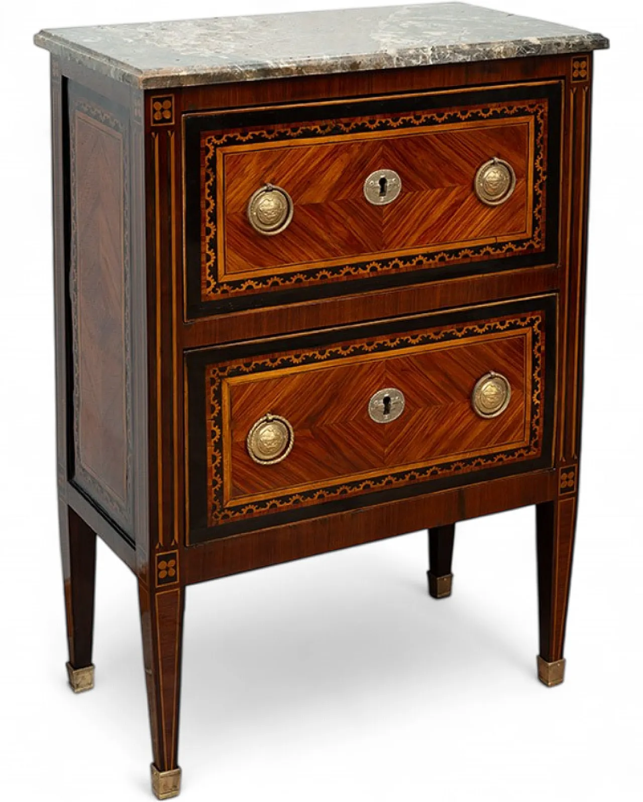 Antique Louis XVI Neapolitan bedside table in precious exotic woods with plate 7