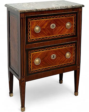 Antique Louis XVI Neapolitan bedside table in precious exotic woods with plate