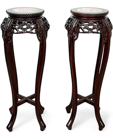 Pair of boxwood tables/pot holder perches with tops, 20th century