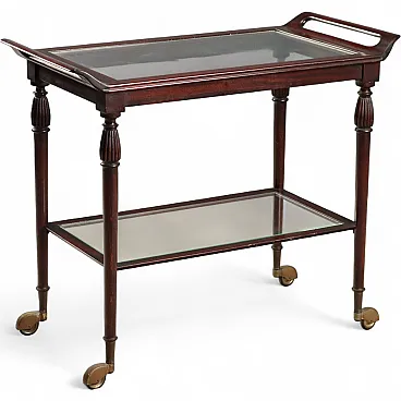 Service cart in mahogany wood and glass top, 1960s