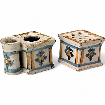 Majolica inkwell and powder spreader, 18th century