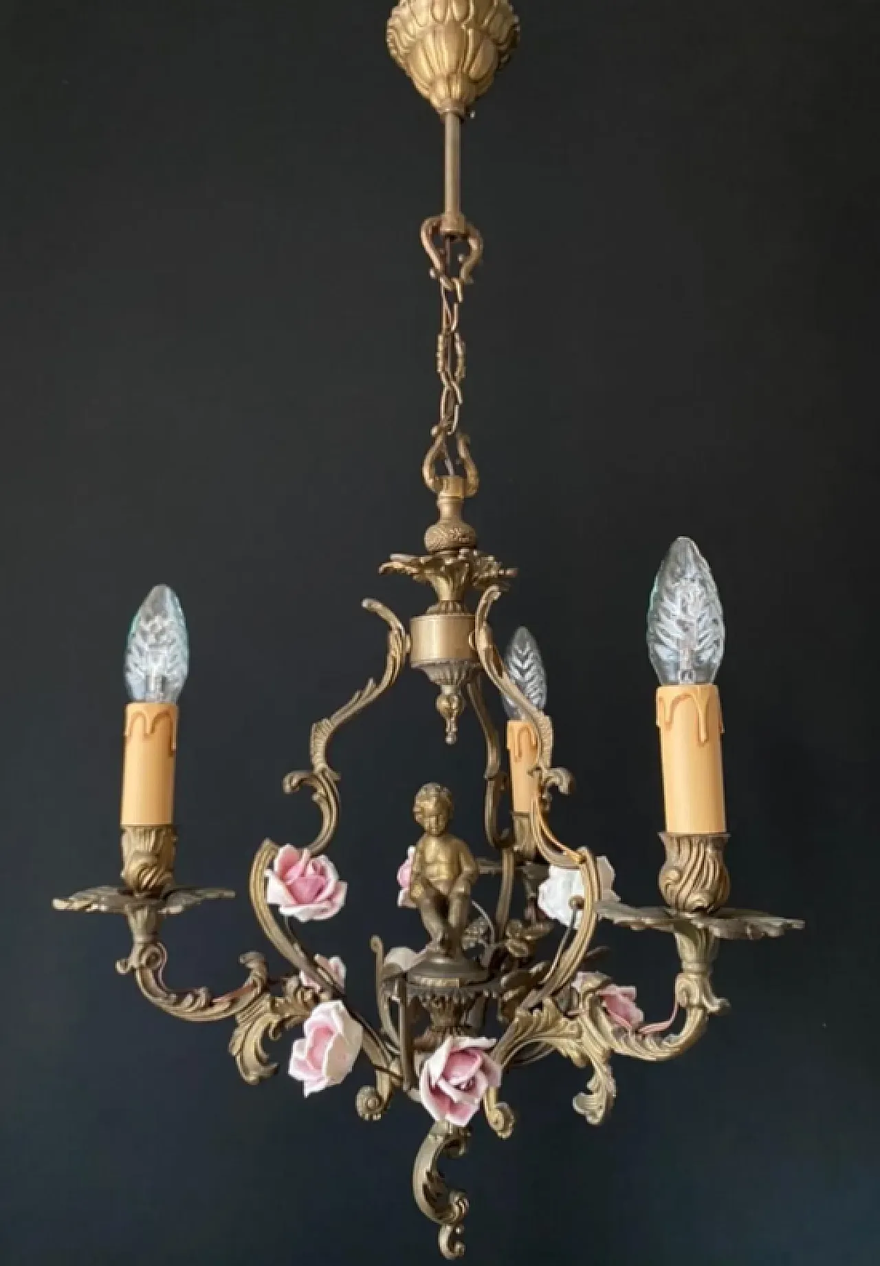 Lampadario in porcellana e ottone, anni '60 2