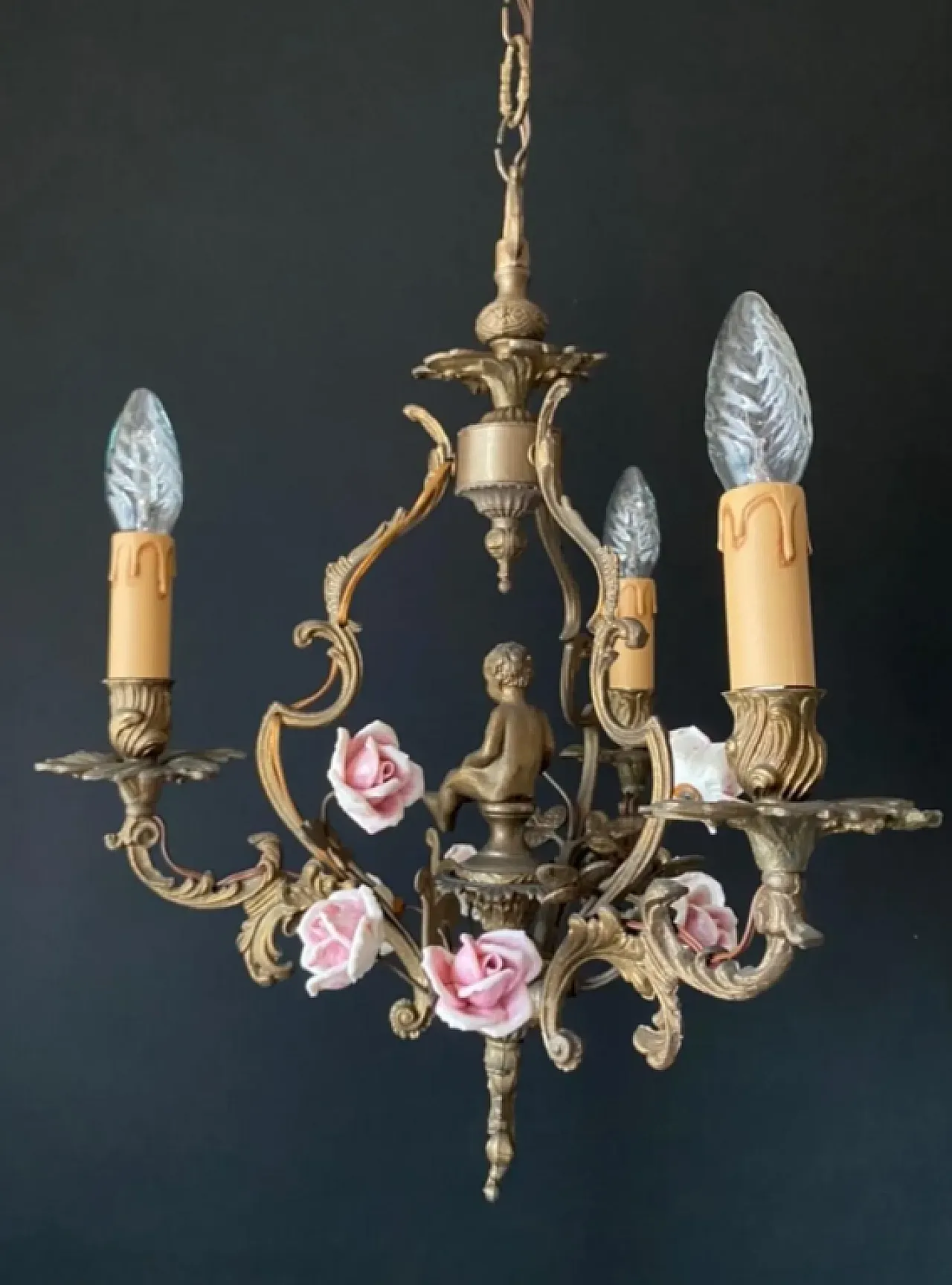 Lampadario in porcellana e ottone, anni '60 4