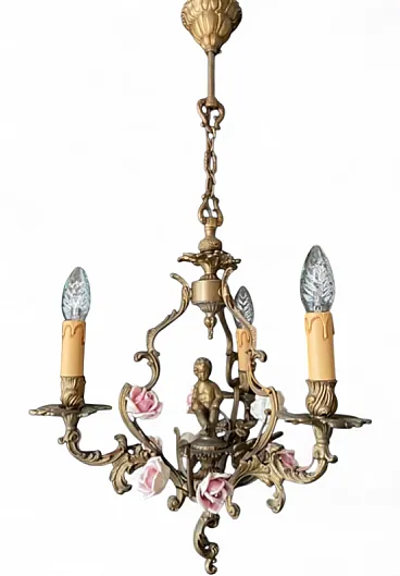 Lampadario in porcellana e ottone, anni '60