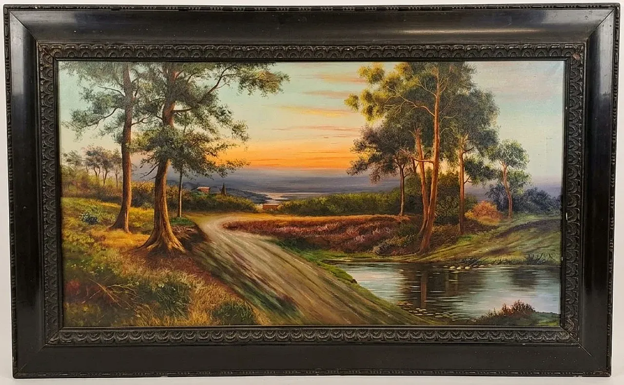 Paesaggio collinare al tramonto con ruscello, olio su tela, primo '900 1