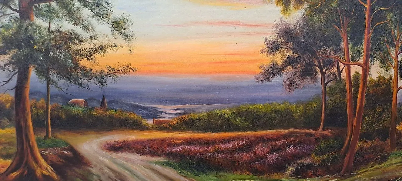 Paesaggio collinare al tramonto con ruscello, olio su tela, primo '900 2