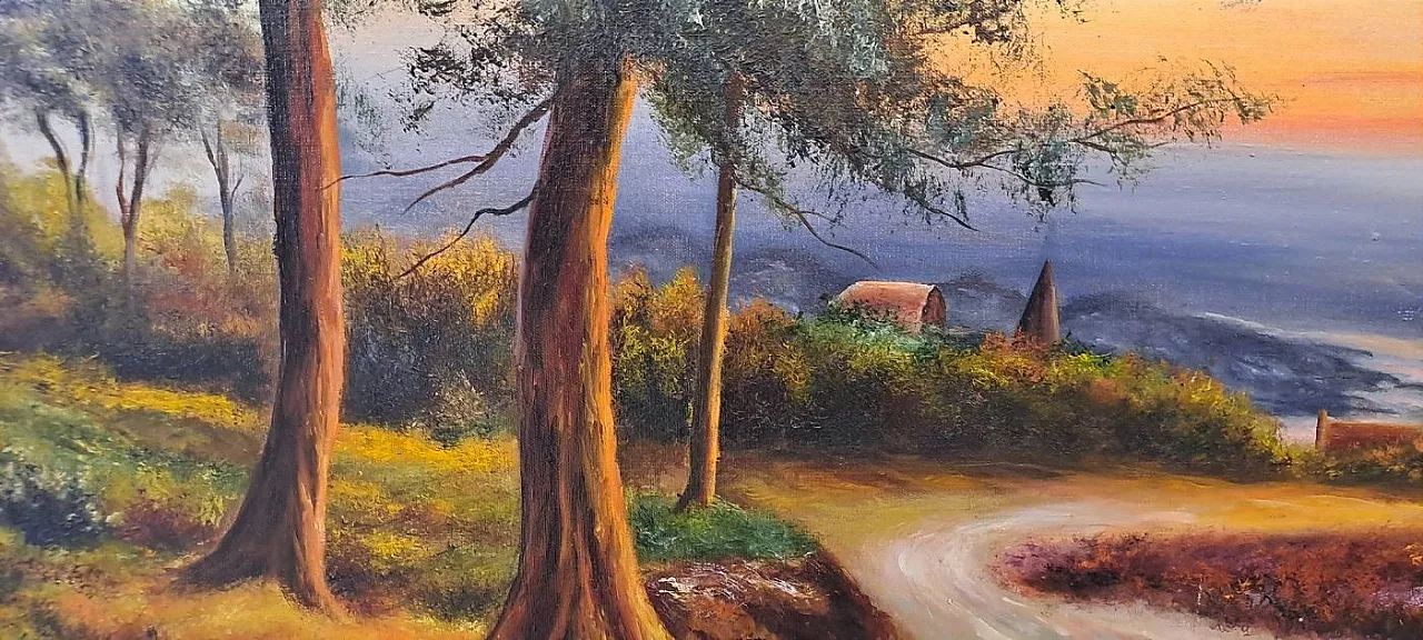 Paesaggio collinare al tramonto con ruscello, olio su tela, primo '900 3