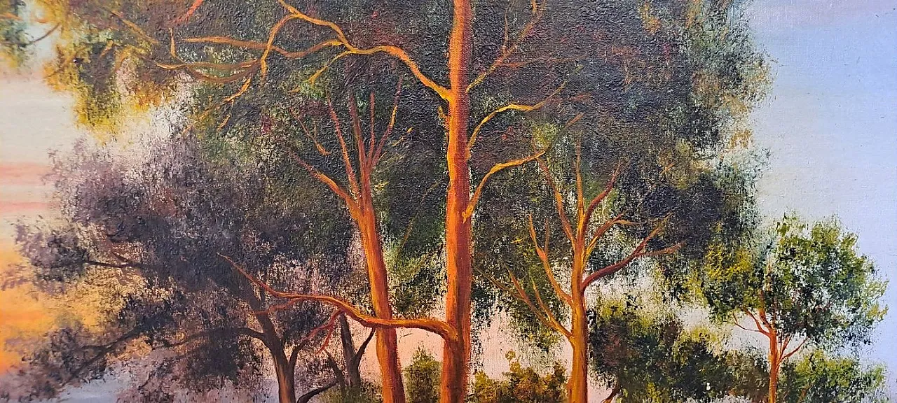 Paesaggio collinare al tramonto con ruscello, olio su tela, primo '900 4