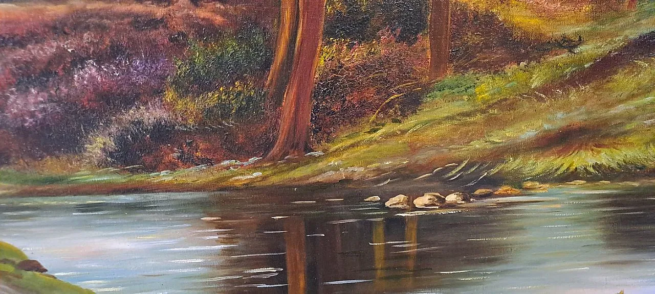 Paesaggio collinare al tramonto con ruscello, olio su tela, primo '900 5