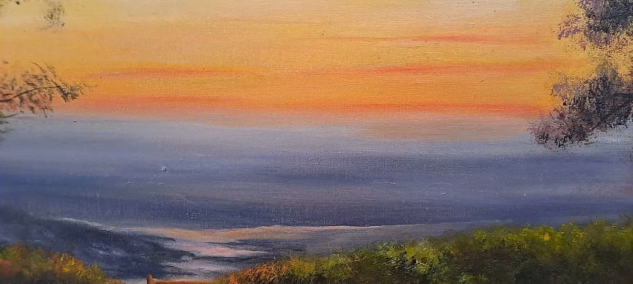 Paesaggio collinare al tramonto con ruscello, olio su tela, primo '900 7