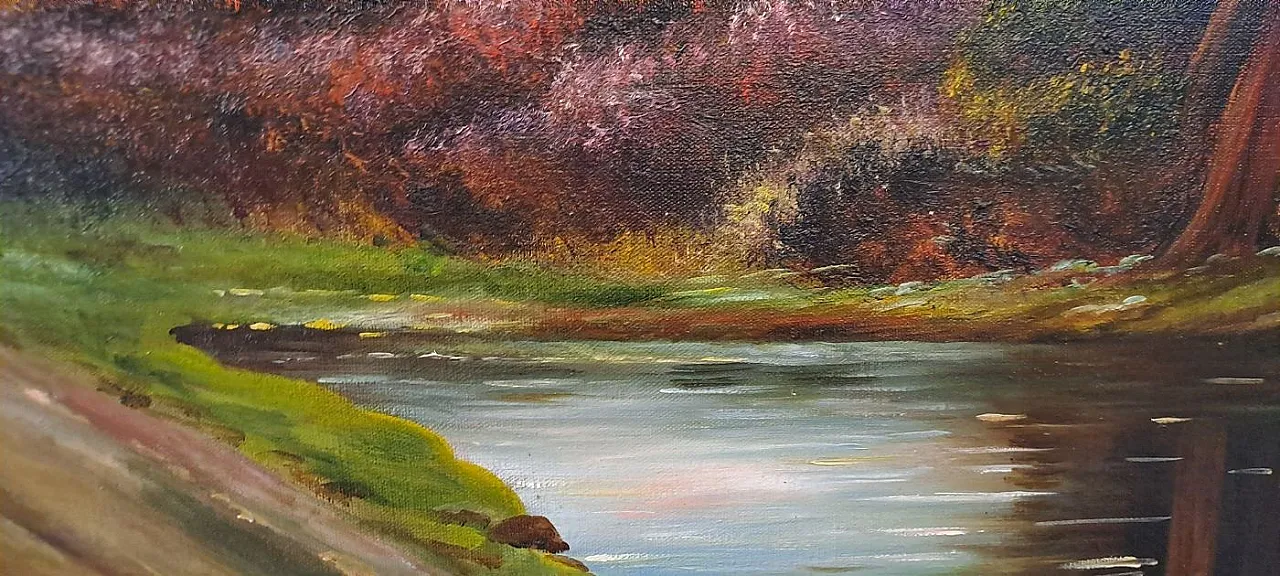 Paesaggio collinare al tramonto con ruscello, olio su tela, primo '900 8