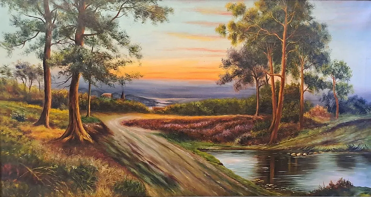 Paesaggio collinare al tramonto con ruscello, olio su tela, primo '900 9
