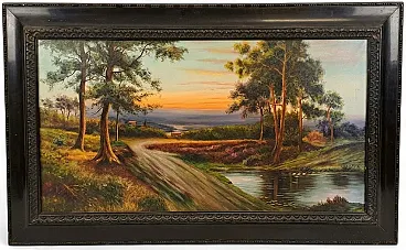 Hilly landscape at sunset with stream, oil on canvas, 20th century