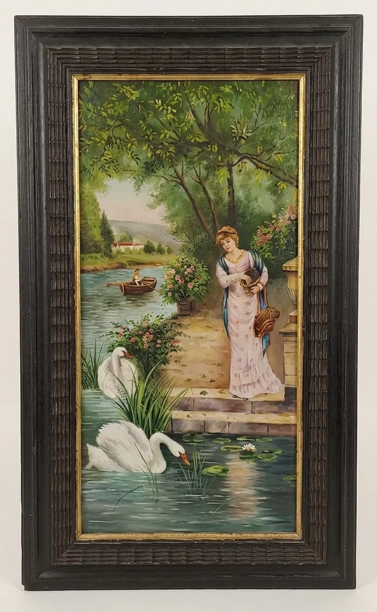 Scena Romantica con Dama e Cigni sul Fiume, olio su tela, primo '900 1