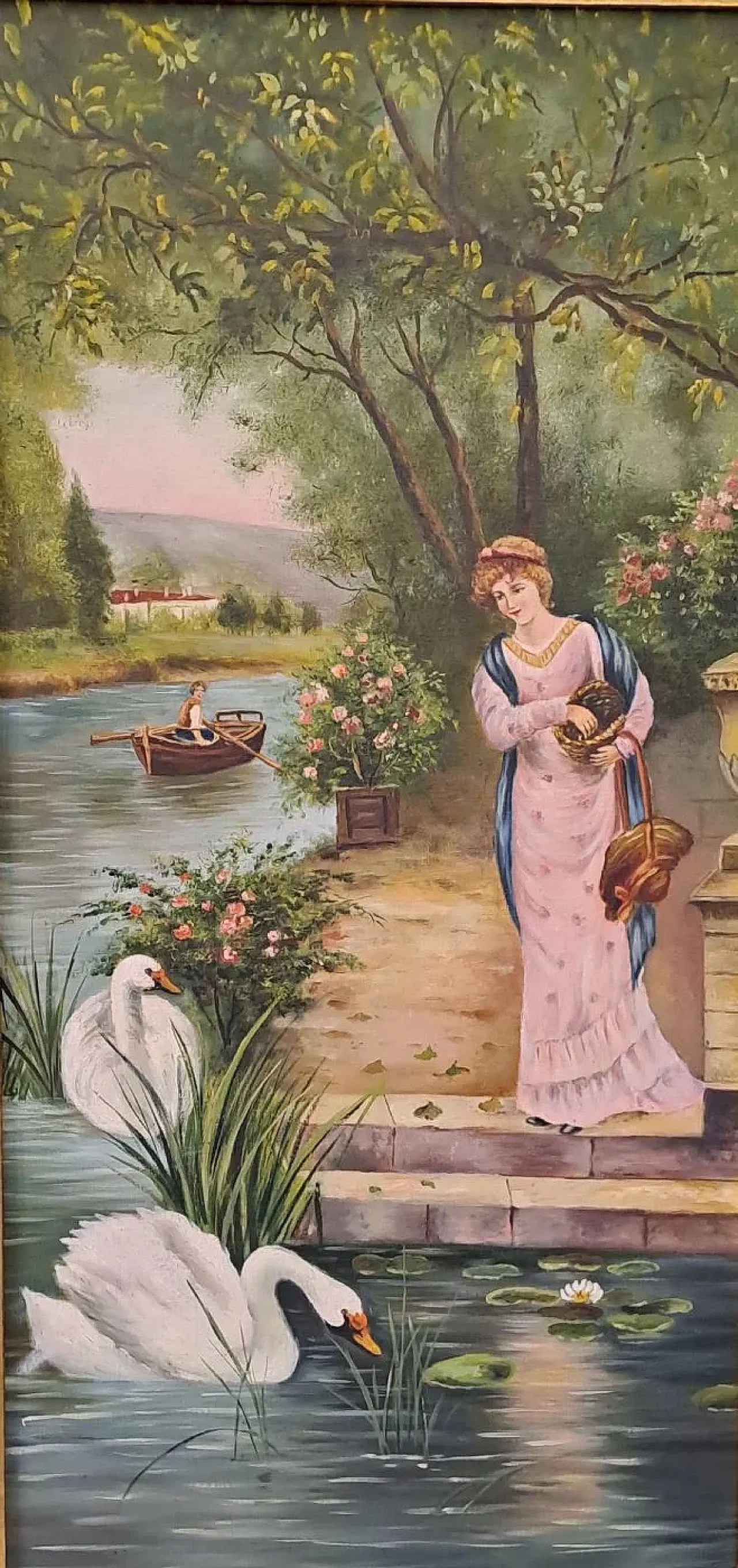 Scena Romantica con Dama e Cigni sul Fiume, olio su tela, primo '900 2