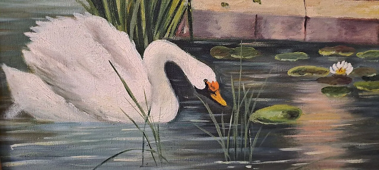 Scena Romantica con Dama e Cigni sul Fiume, olio su tela, primo '900 3