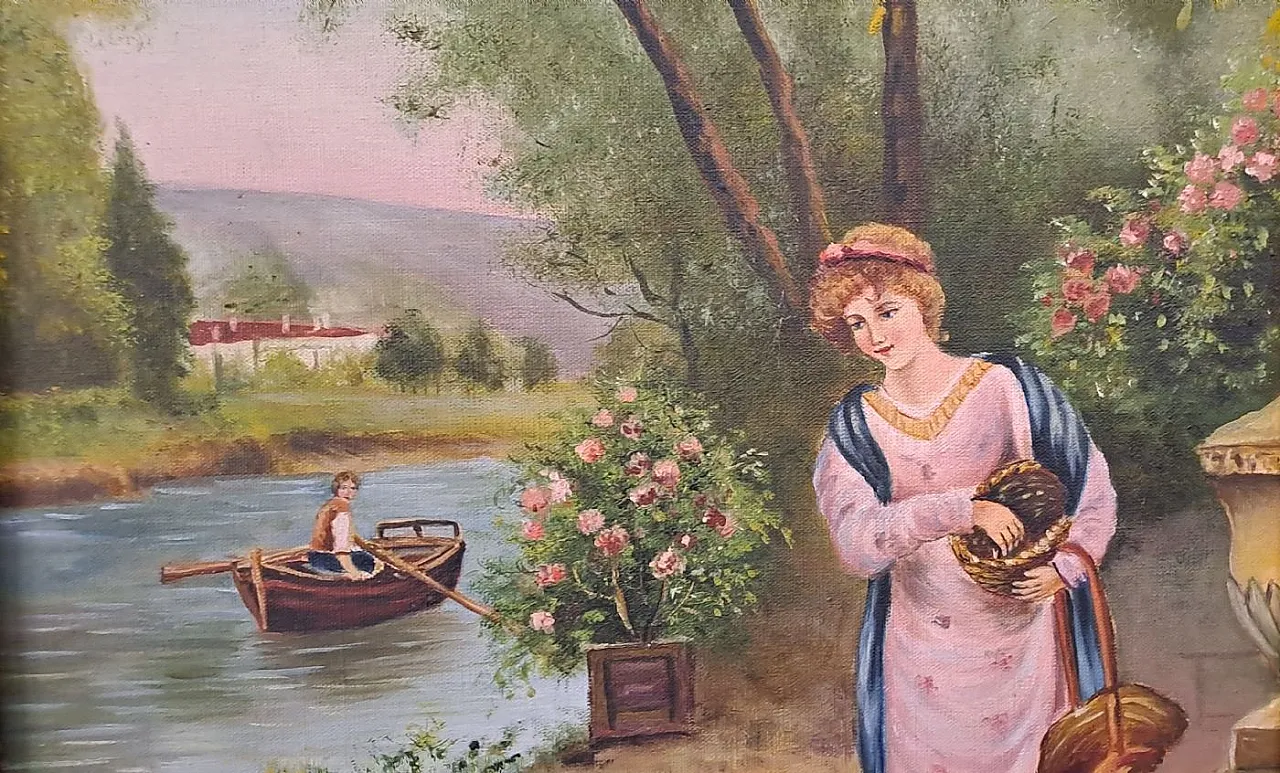 Scena Romantica con Dama e Cigni sul Fiume, olio su tela, primo '900 4
