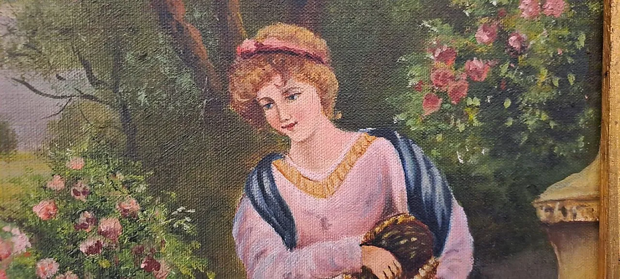 Scena Romantica con Dama e Cigni sul Fiume, olio su tela, primo '900 5