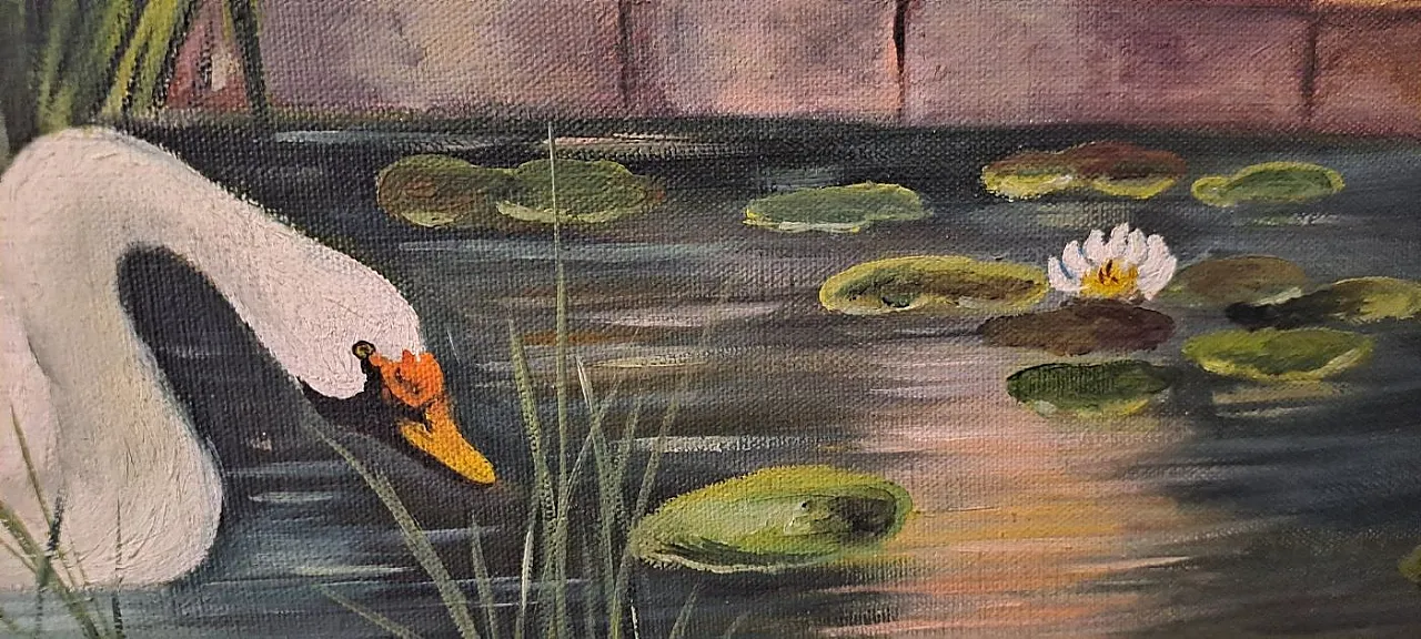 Scena Romantica con Dama e Cigni sul Fiume, olio su tela, primo '900 7