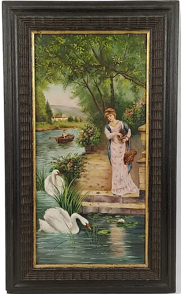 Romantic Scene with Lady and Swans on the River, early 20th century