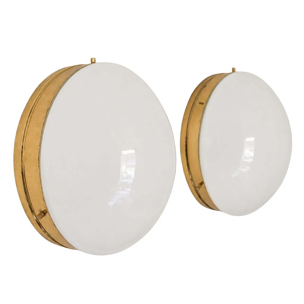 Pair of Stilnovo style opaline glass and brass wall lamps, 70s 1