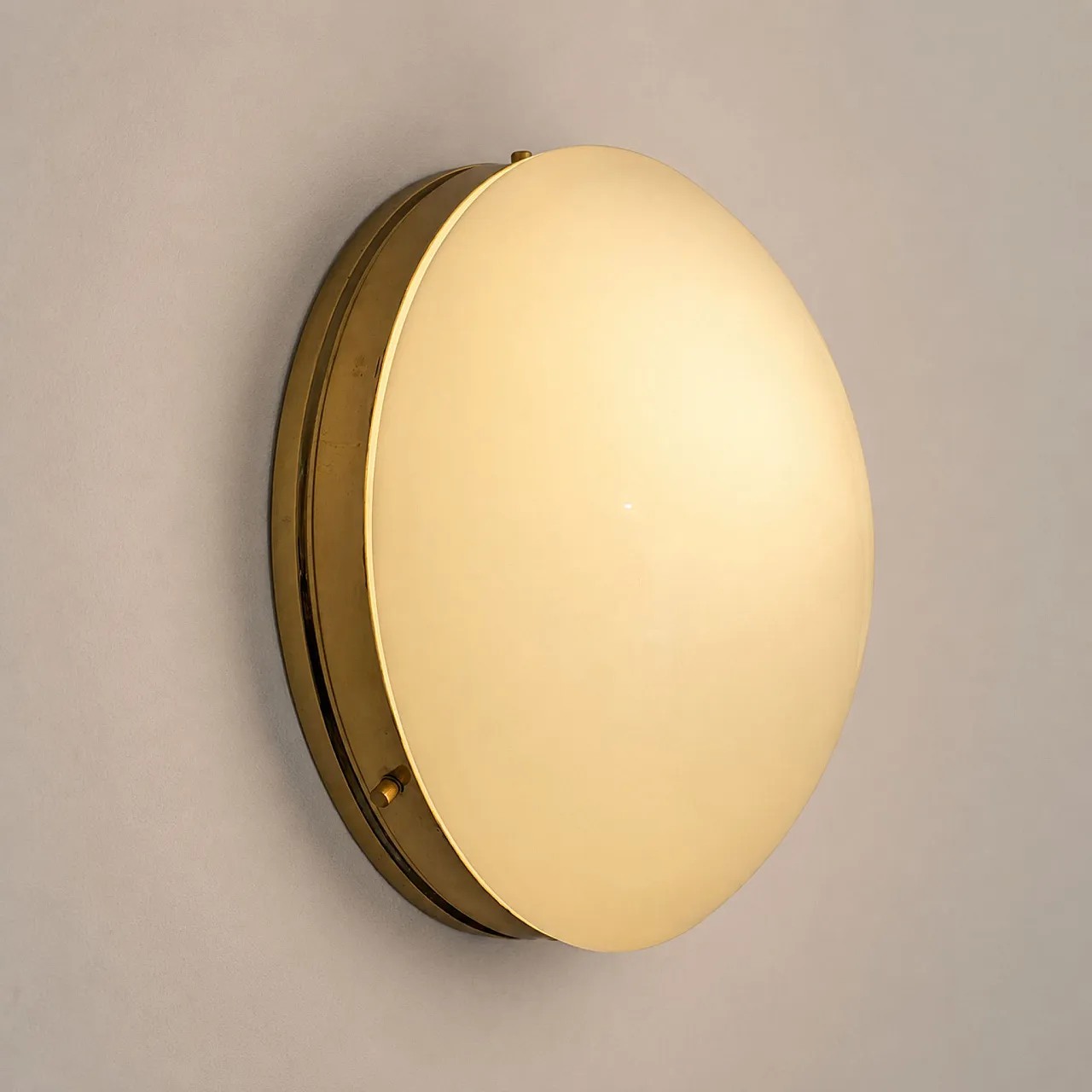 Pair of Stilnovo style opaline glass and brass wall lamps, 70s 4