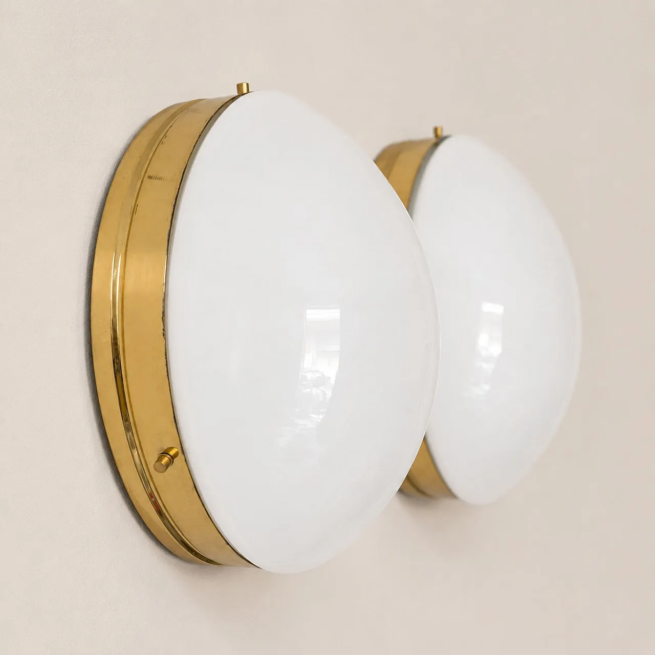 Pair of Stilnovo style opaline glass and brass wall lamps, 70s 6