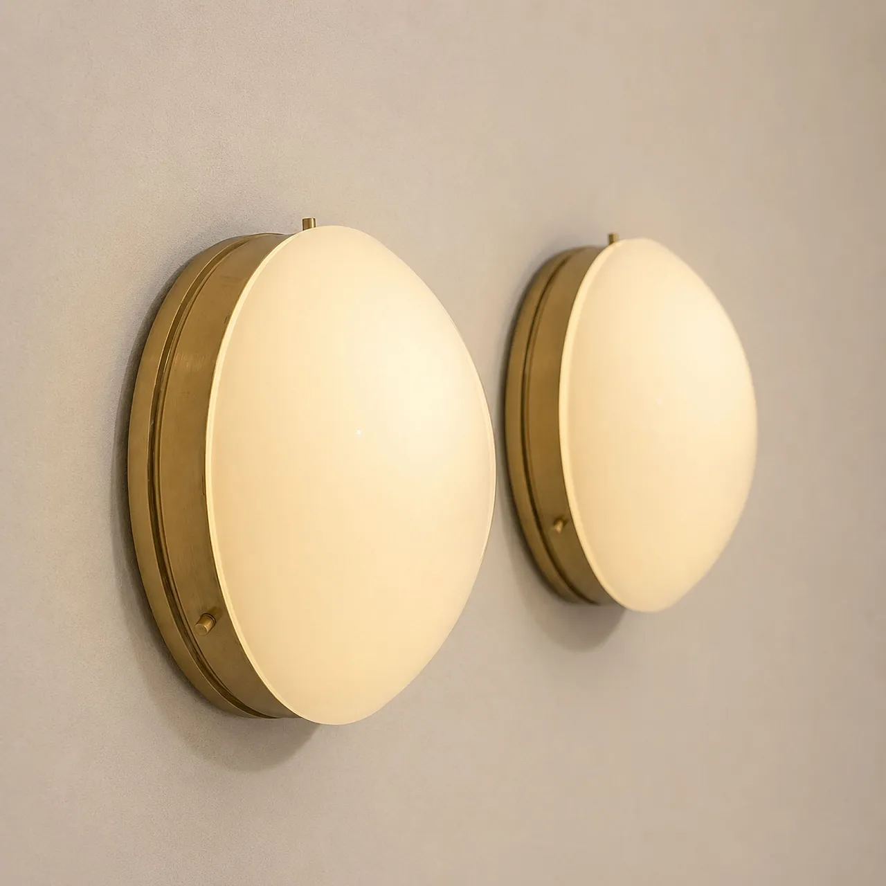 Pair of Stilnovo style opaline glass and brass wall lamps, 70s 8