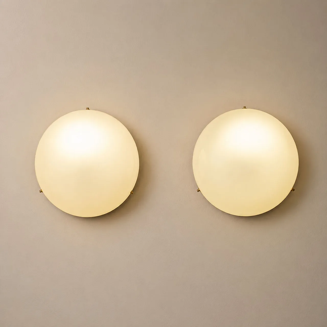 Pair of Stilnovo style opaline glass and brass wall lamps, 70s 9