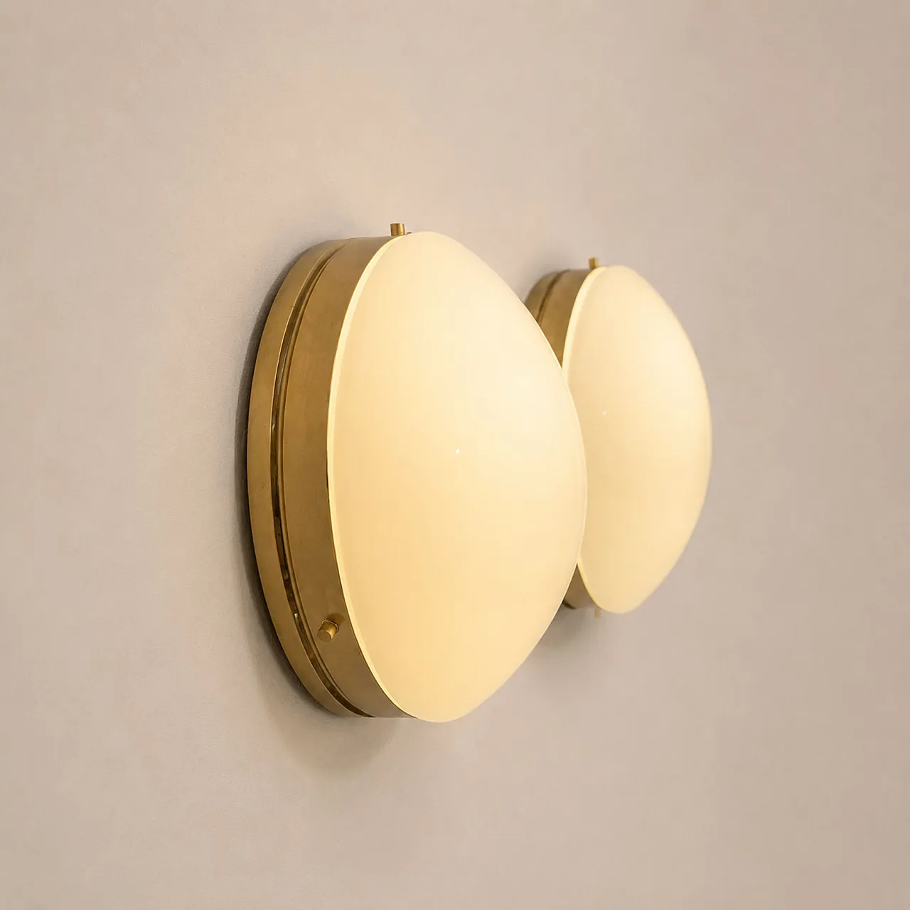Pair of Stilnovo style opaline glass and brass wall lamps, 70s 10
