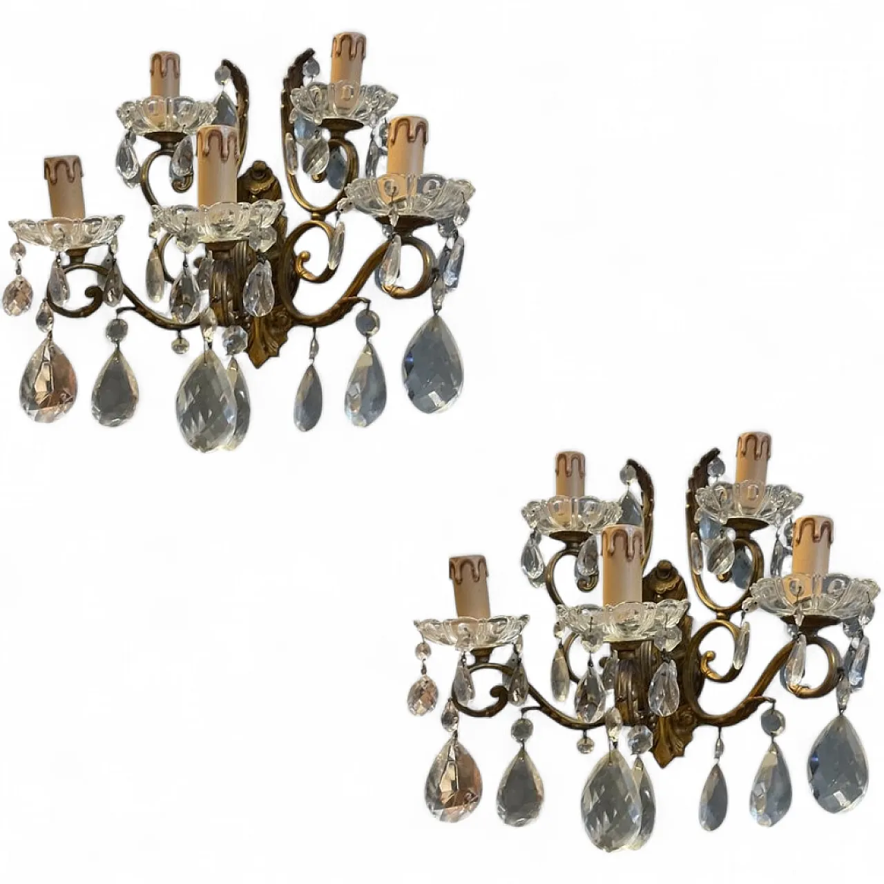 Pair of large bronze and crystal wall sconces, Italy, 1950s 15