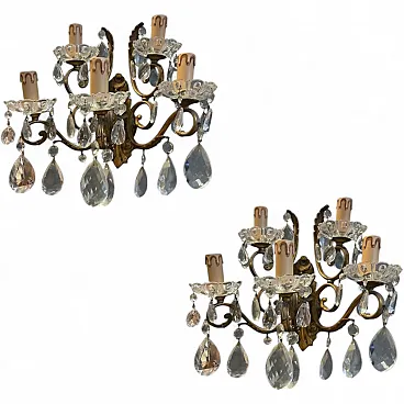 Pair of large bronze and crystal wall sconces, Italy, 1950s