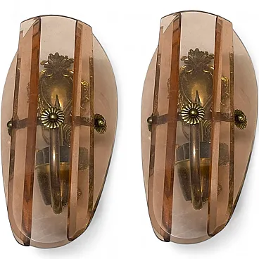 Pair of Italian bronze and pink glass sconce, 1950s