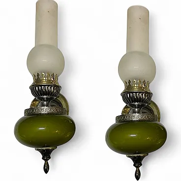 Pair of Italian Green Opaline Glass Wall Sconce from Targhetti, 1960s