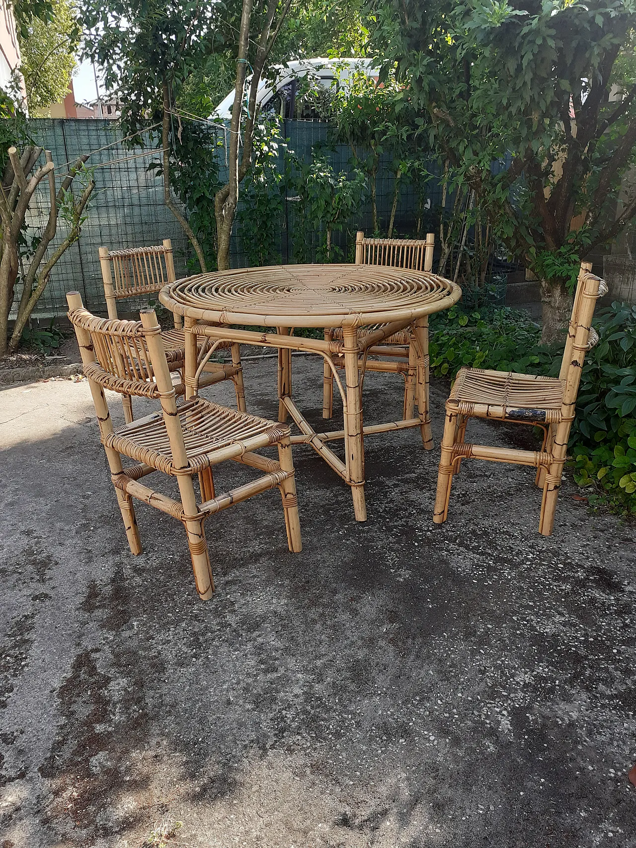 Table with 4 chairs in bamboo, 1970s 1