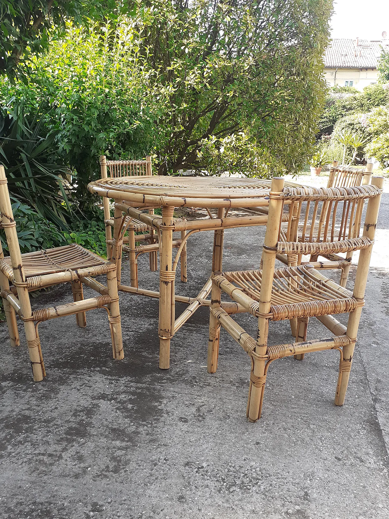 Table with 4 chairs in bamboo, 1970s 2