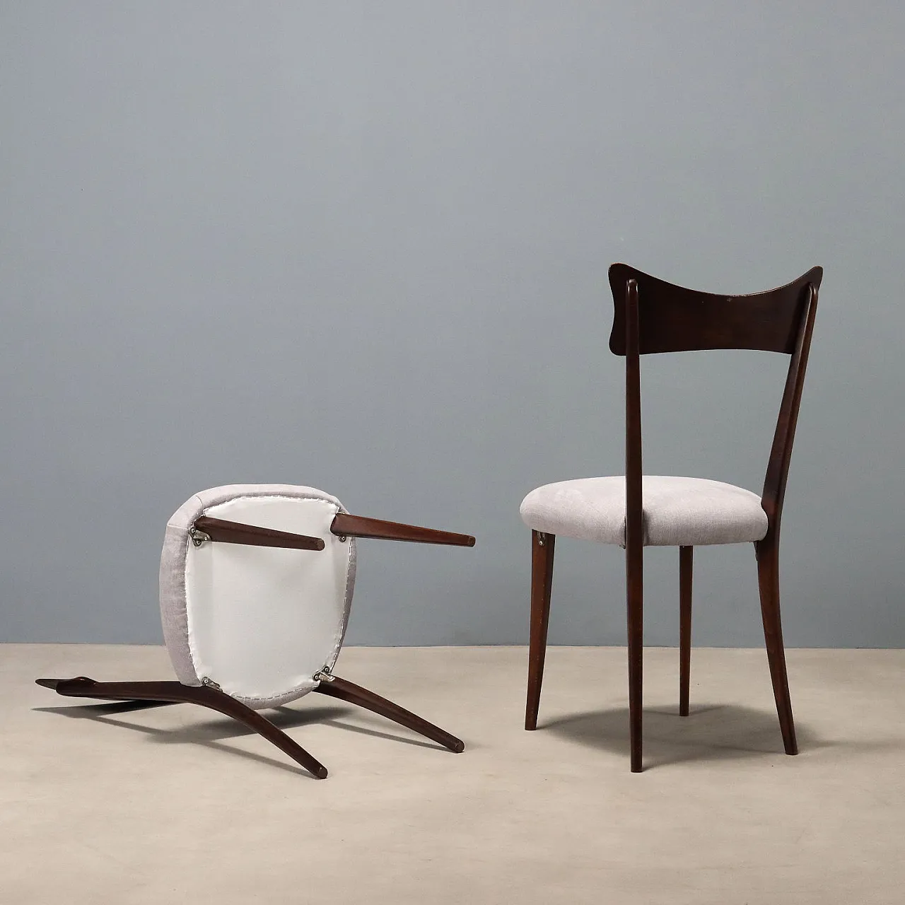 6 Sedie da pranzo in legno e tessuto, anni '50 10