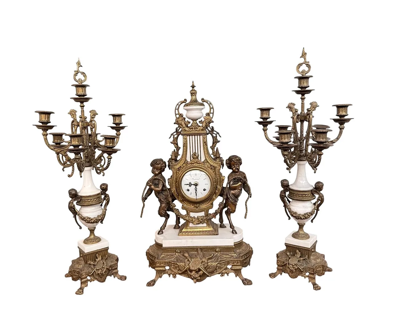 Triptych clock and candelabra in gilded bronze and marble,20th century 1