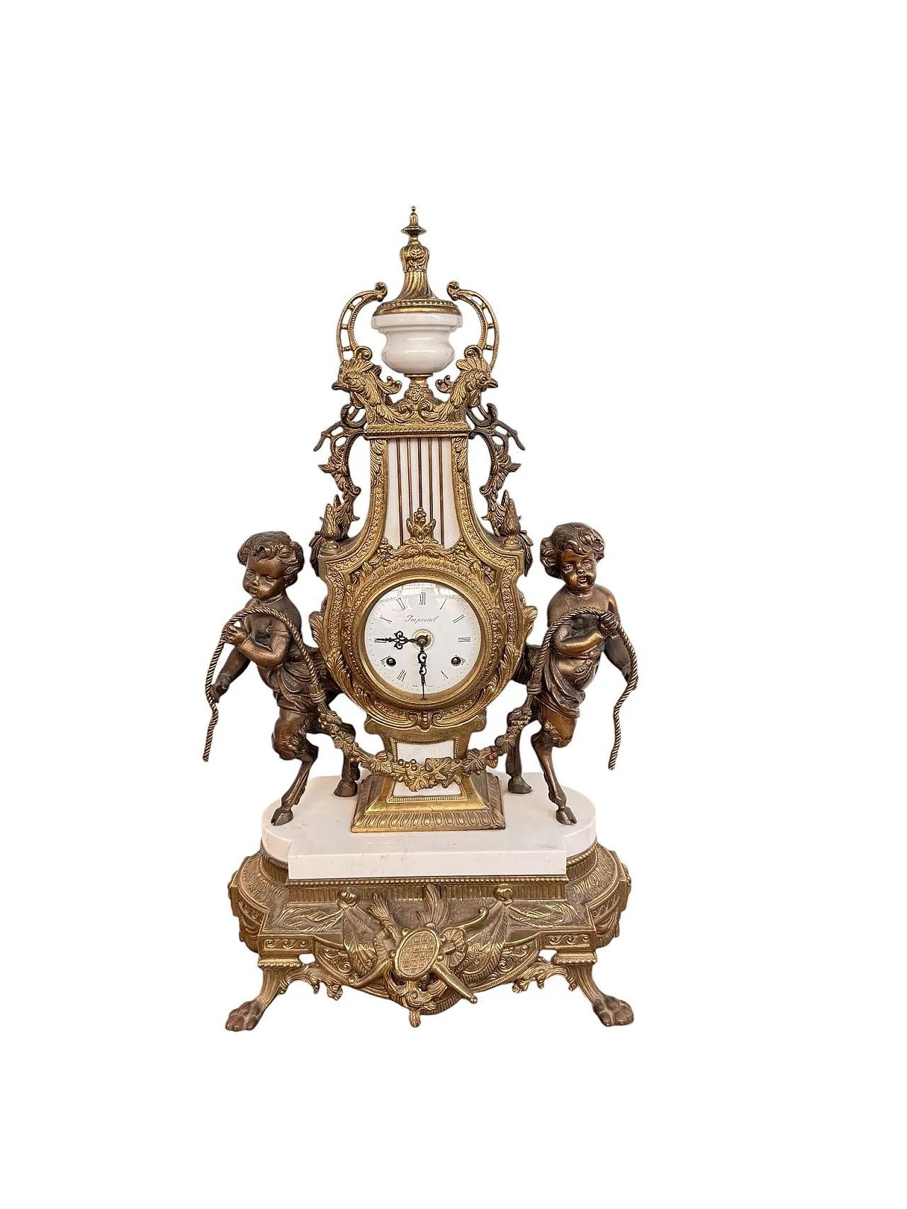 Triptych clock and candelabra in gilded bronze and marble,20th century 2