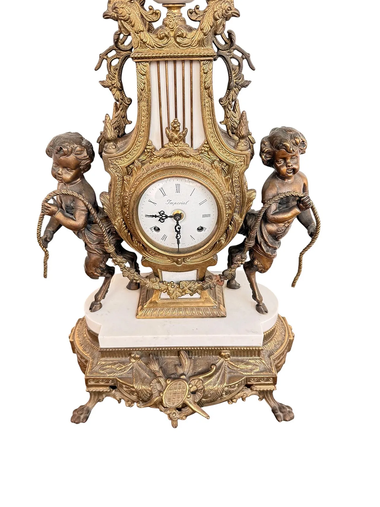 Triptych clock and candelabra in gilded bronze and marble,20th century 3