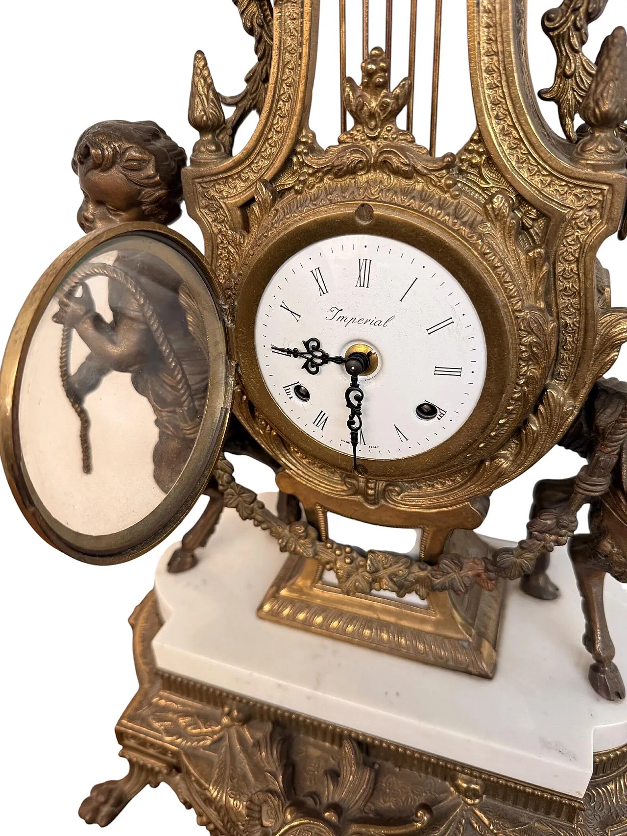 Triptych clock and candelabra in gilded bronze and marble,20th century 4